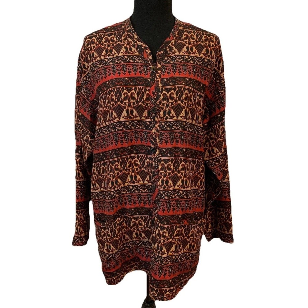 Chicos Design Size 1 Womens Medium Top Jacket Silk Button Up Pockets Long Sleeve